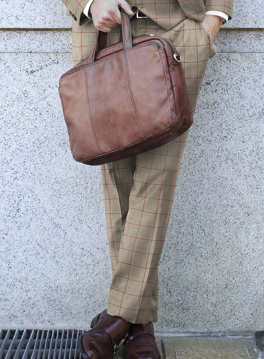 London Loom Beige Windowpane Wool Silk Linen Pants - StudioSuits