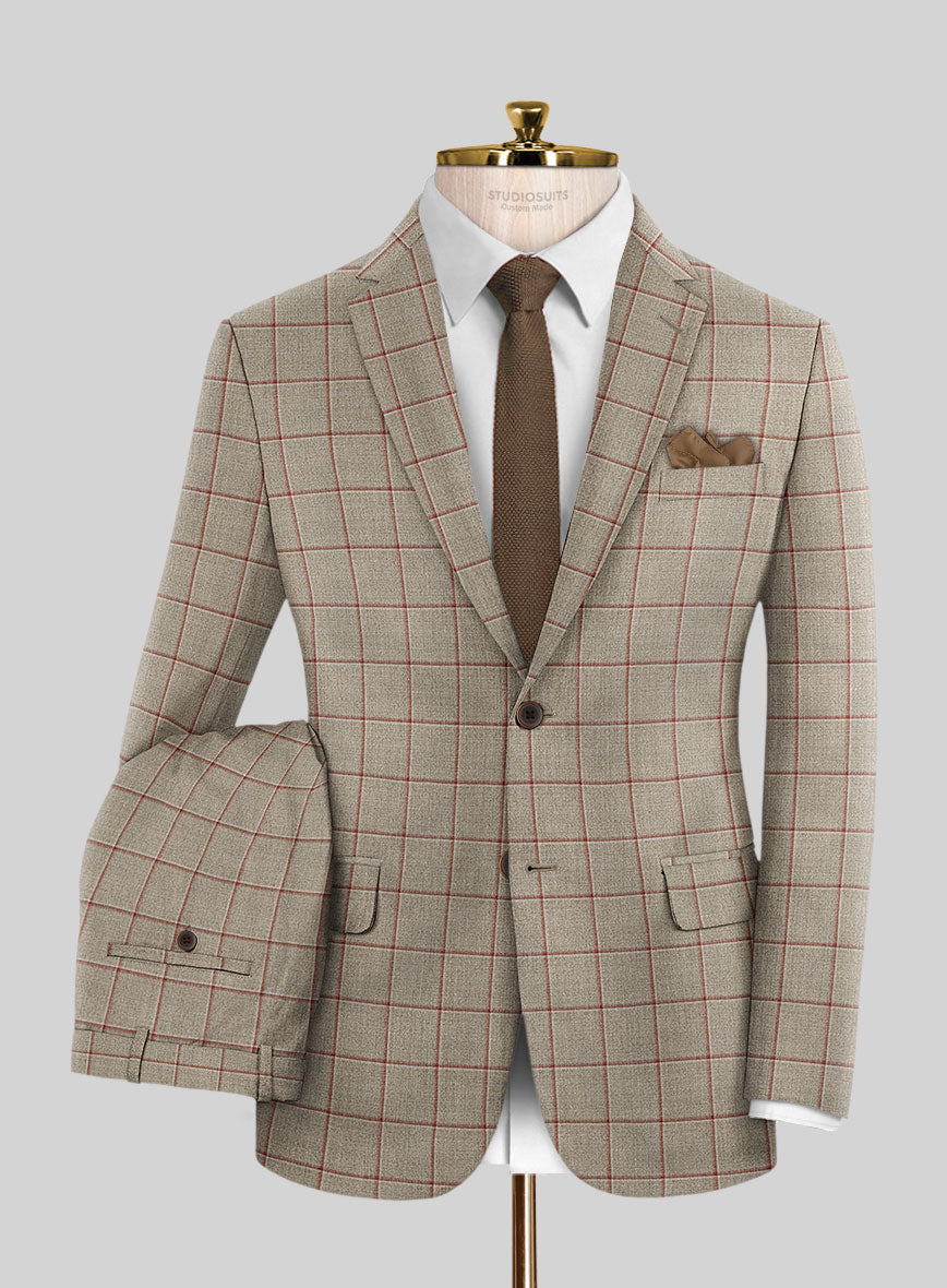 London Loom Beige Windowpane Wool Silk Linen Suit - StudioSuits