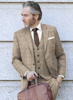 London Loom Beige Windowpane Wool Silk Linen Suit - StudioSuits