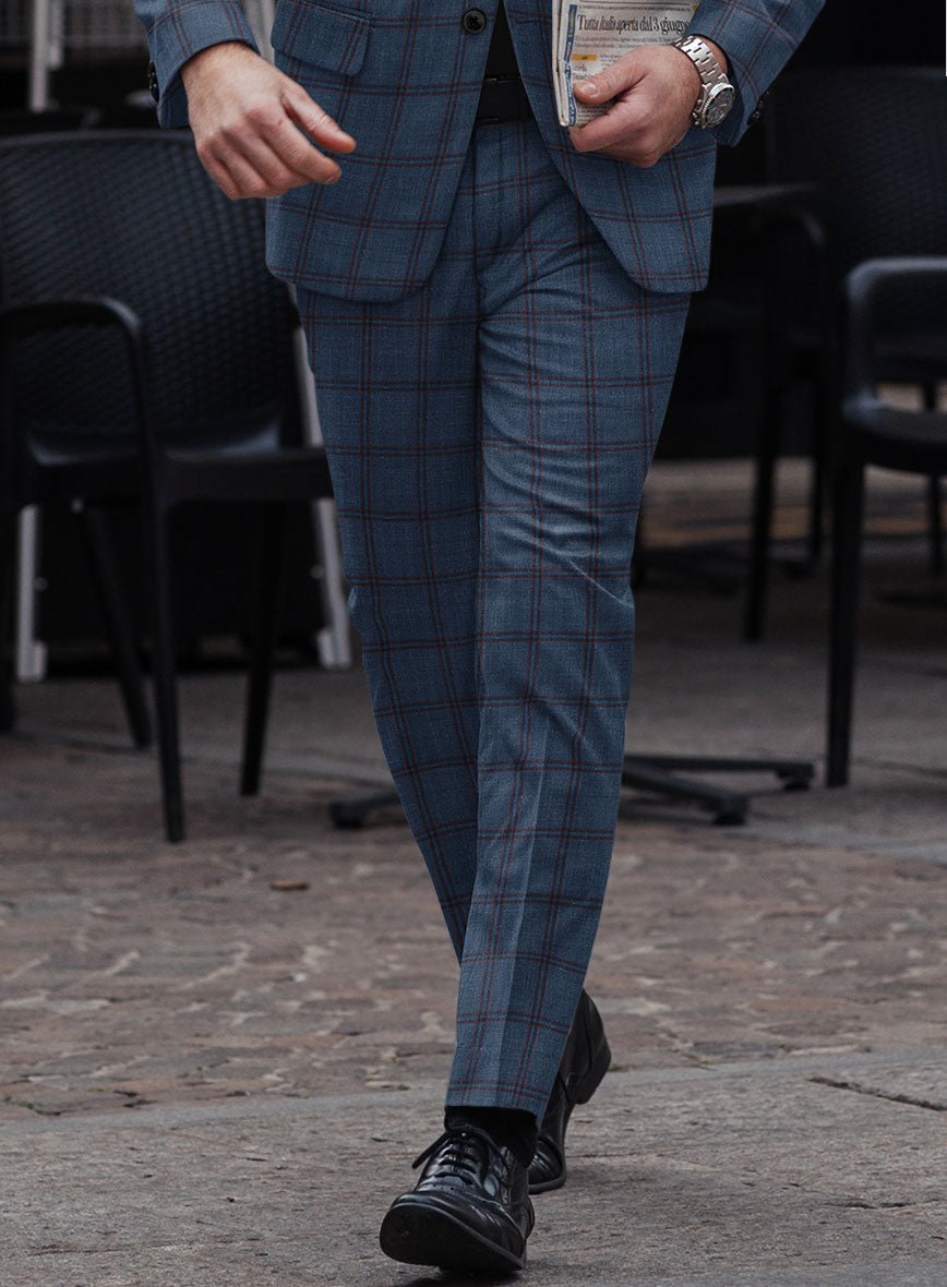 London Loom Blue Check Wool Silk Linen Pants - StudioSuits