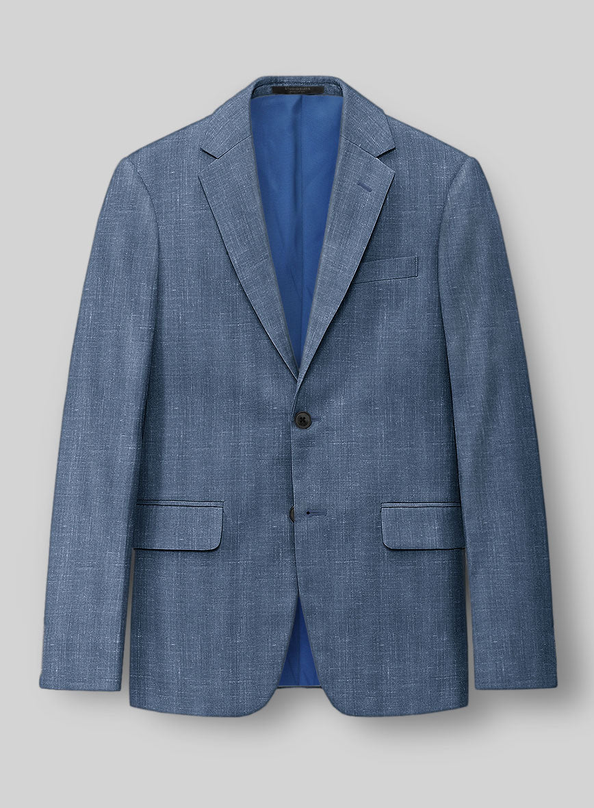 London Loom Blue Herringbone Wool Silk Linen Jacket - StudioSuits