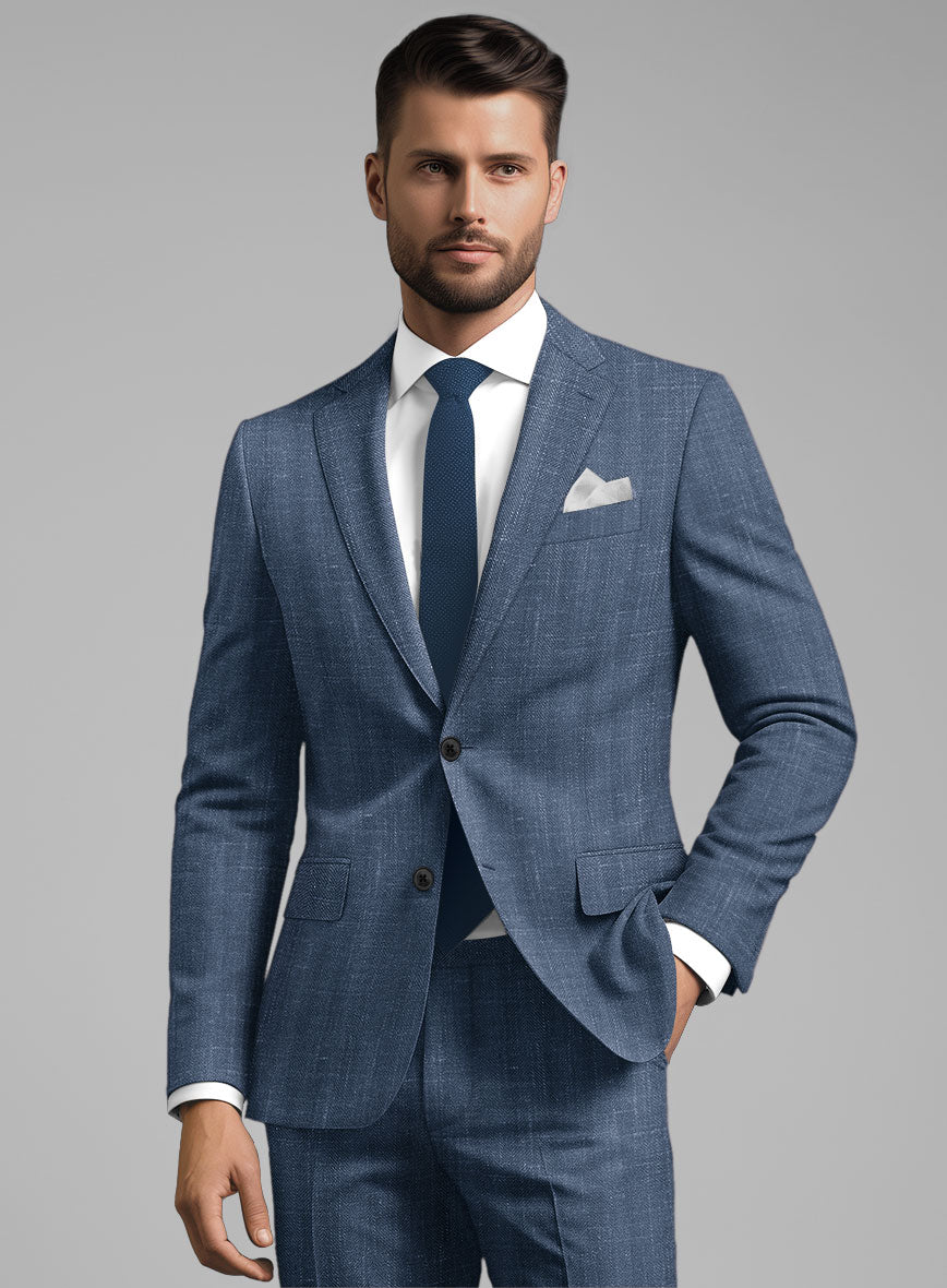 London Loom Blue Herringbone Wool Silk Linen Jacket - StudioSuits