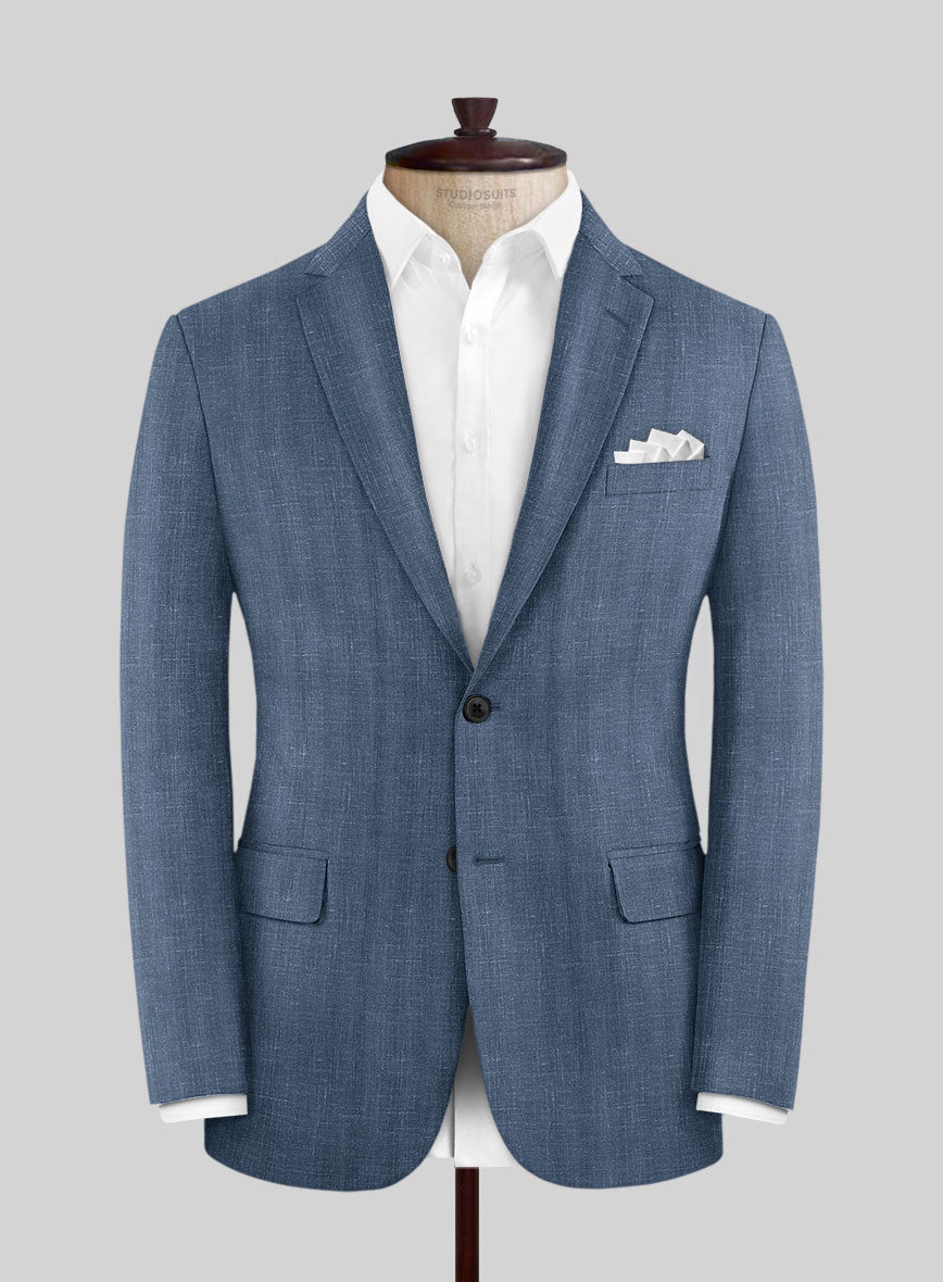 London Loom Blue Herringbone Wool Silk Linen Jacket - StudioSuits