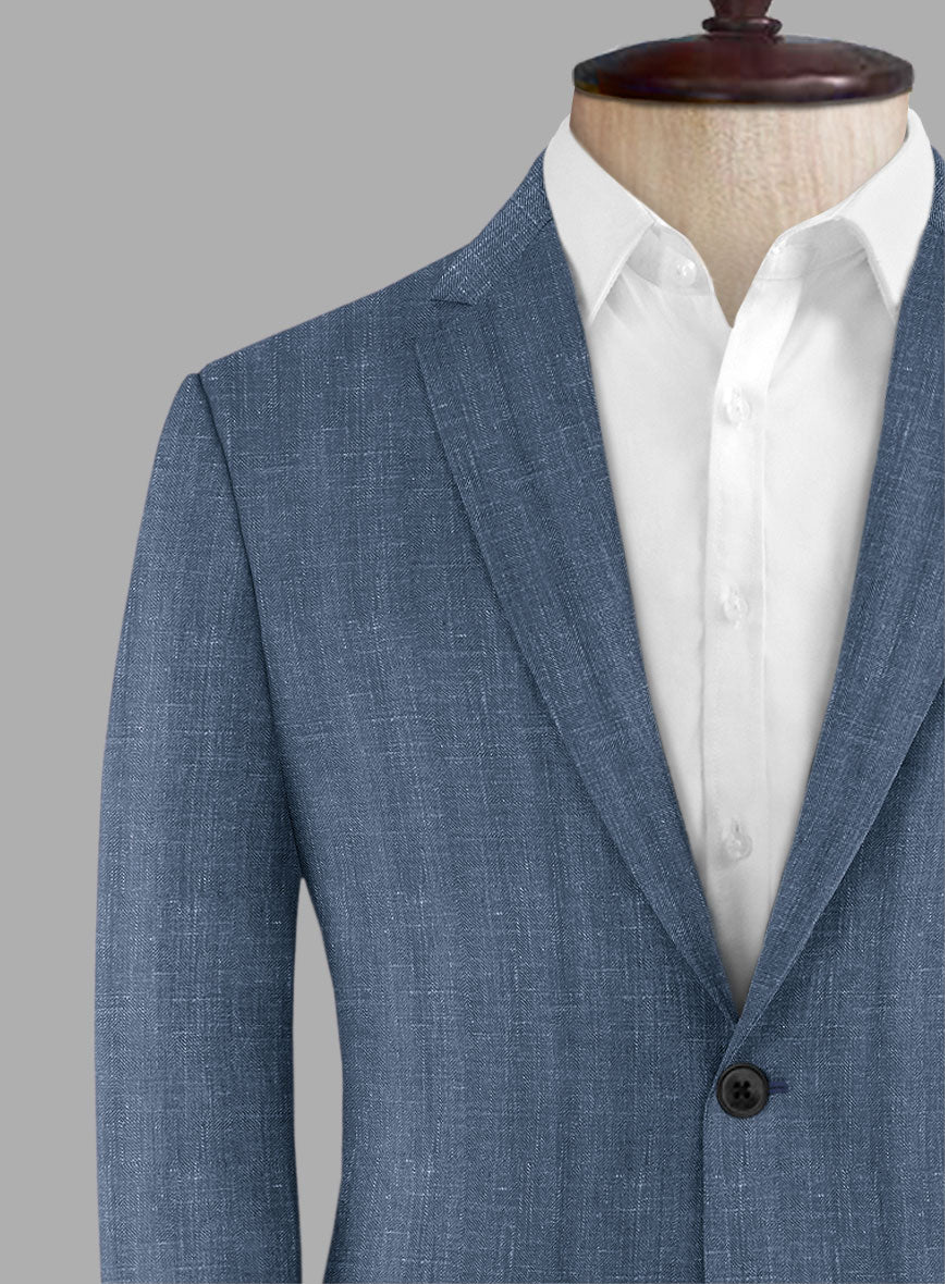 London Loom Blue Herringbone Wool Silk Linen Jacket - StudioSuits