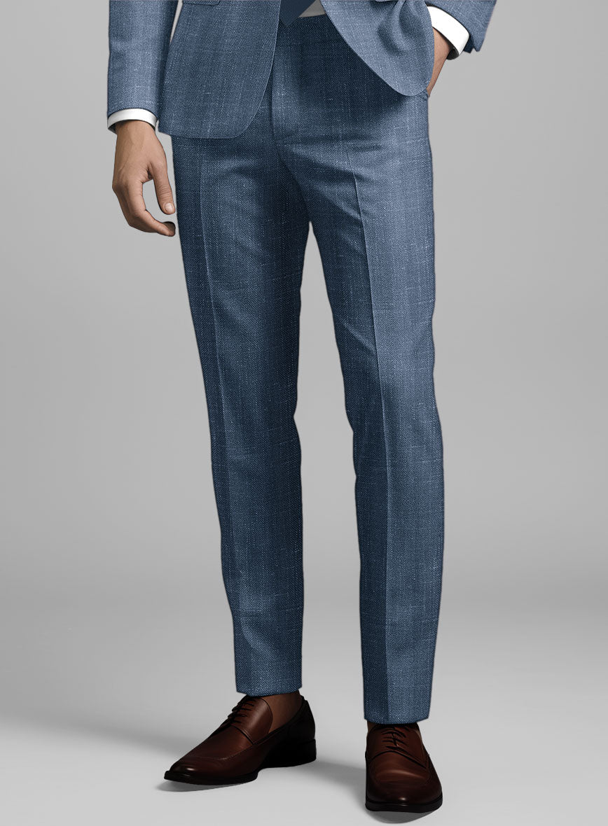 London Loom Blue Herringbone Wool Silk Linen Pants - StudioSuits