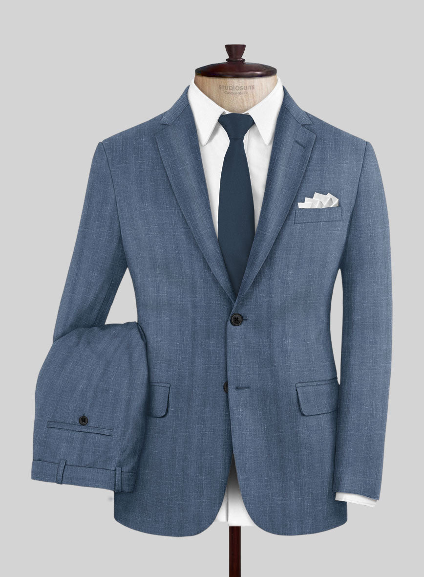 London Loom Blue Herringbone Wool Silk Linen Suit - StudioSuits