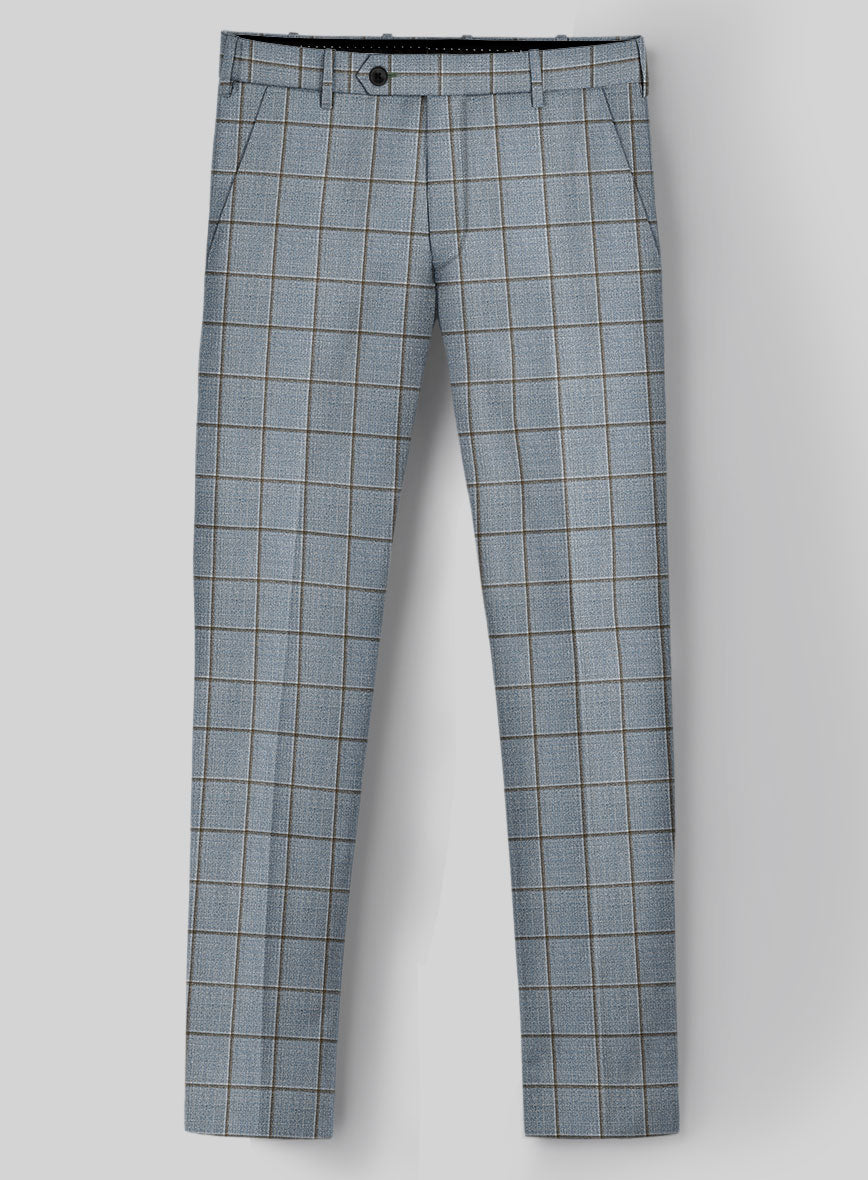 London Loom Blue Windowpane Wool Silk Linen Pants - StudioSuits