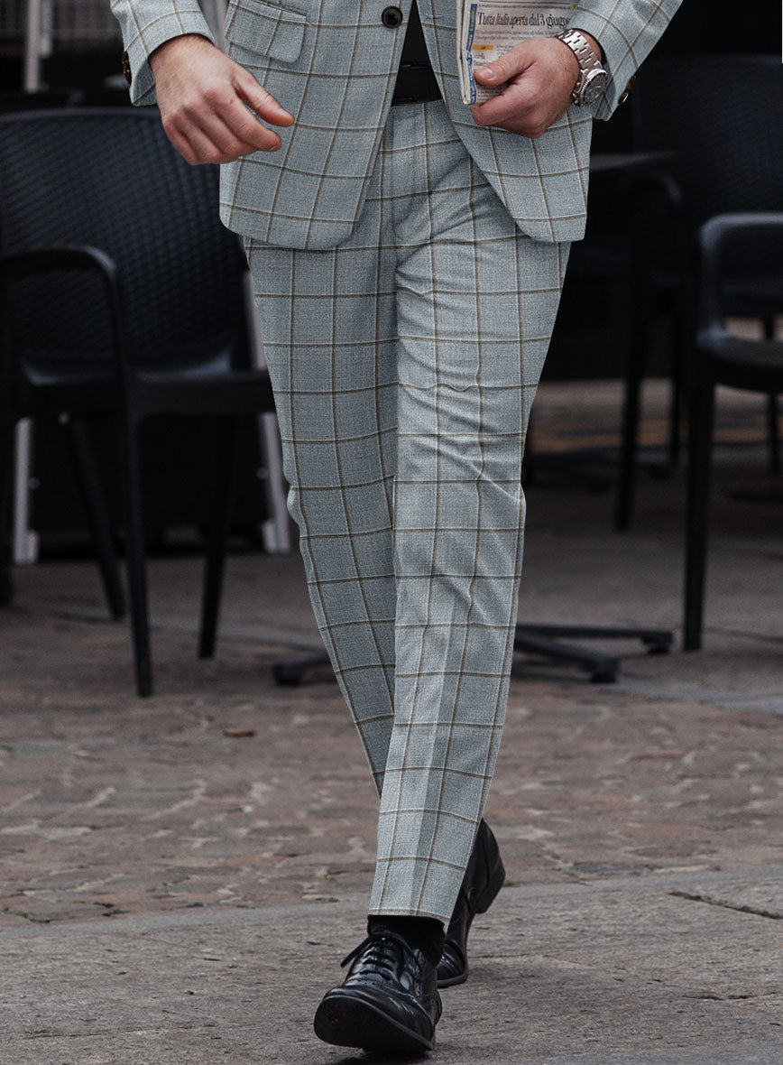 London Loom Blue Windowpane Wool Silk Linen Pants - StudioSuits