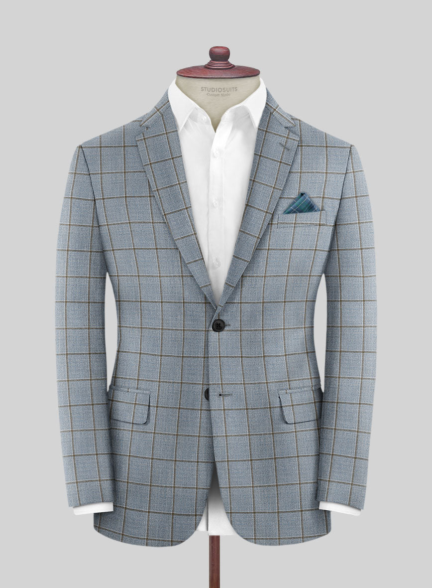 London Loom Blue Windowpane Wool Silk Linen Suit - StudioSuits