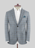 London Loom Blue Windowpane Wool Silk Linen Suit - StudioSuits