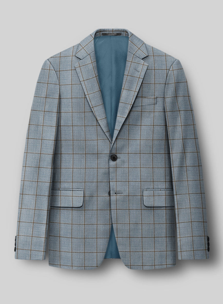 London Loom Blue Windowpane Wool Silk Linen Suit - StudioSuits