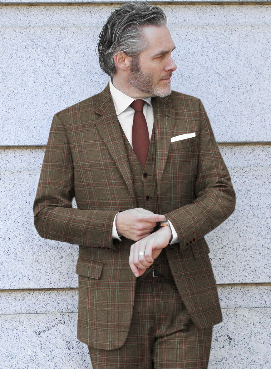 London Loom Brown Check Wool Silk Linen Jacket - StudioSuits