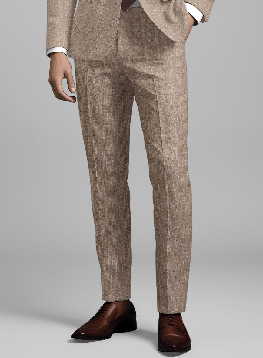 London Loom Brown Herringbone Wool Silk Linen Pants - StudioSuits