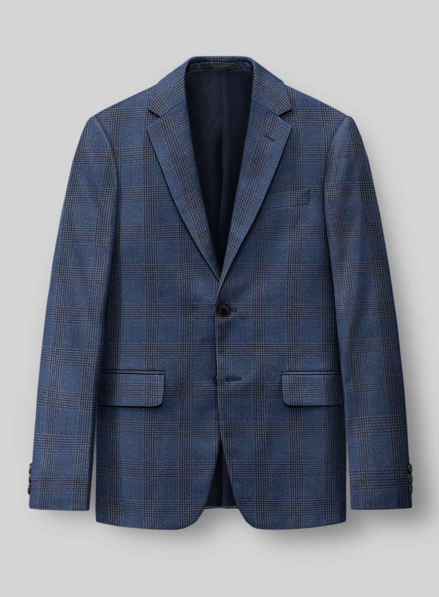 London Loom Dark Blue Check Wool Silk Linen Jacket - StudioSuits