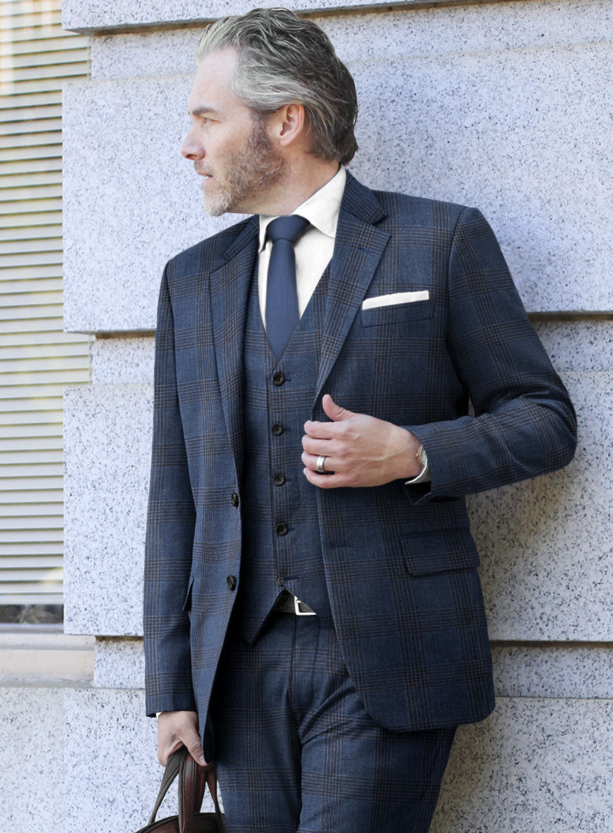 London Loom Dark Blue Check Wool Silk Linen Jacket - StudioSuits