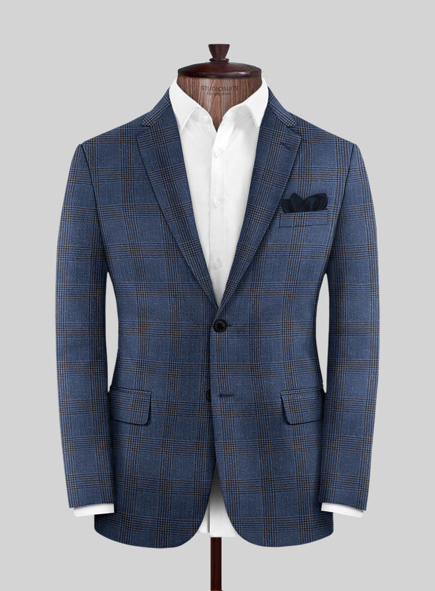 London Loom Dark Blue Check Wool Silk Linen Jacket - StudioSuits