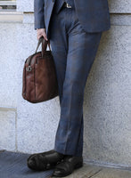 London Loom Dark Blue Check Wool Silk Linen Pants - StudioSuits