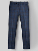 London Loom Dark Blue Check Wool Silk Linen Pants - StudioSuits