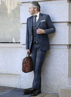 London Loom Dark Blue Check Wool Silk Linen Suit - StudioSuits