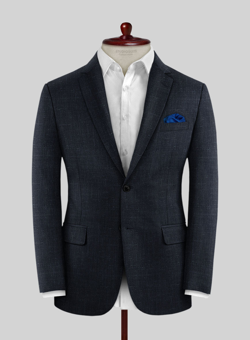 London Loom Dark Blue Twill Wool Silk Linen Jacket - StudioSuits