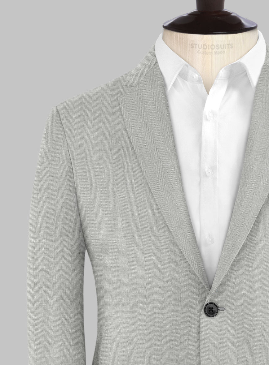 London Loom Gray Herringbone Wool Silk Linen Jacket - StudioSuits