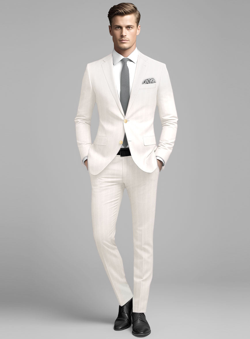 London Loom Ivory Herringbone Wool Silk Linen Suit - StudioSuits