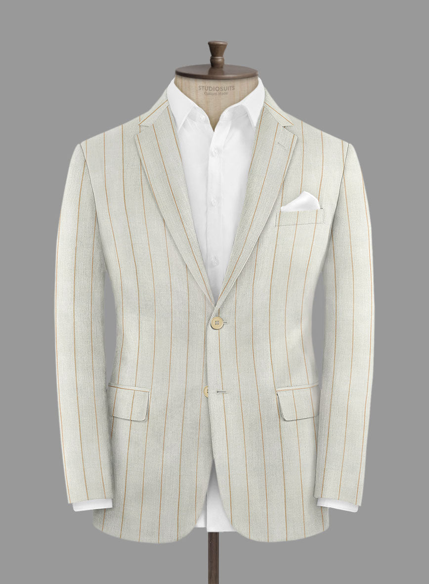 London Loom Light Gray Stripe Wool Silk Linen Jacket - StudioSuits