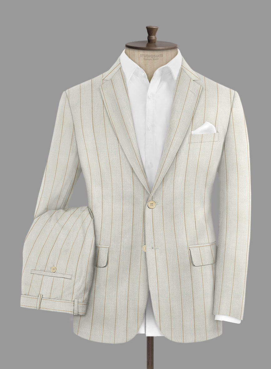 London Loom Light Gray Stripe Wool Silk Linen Suit - StudioSuits