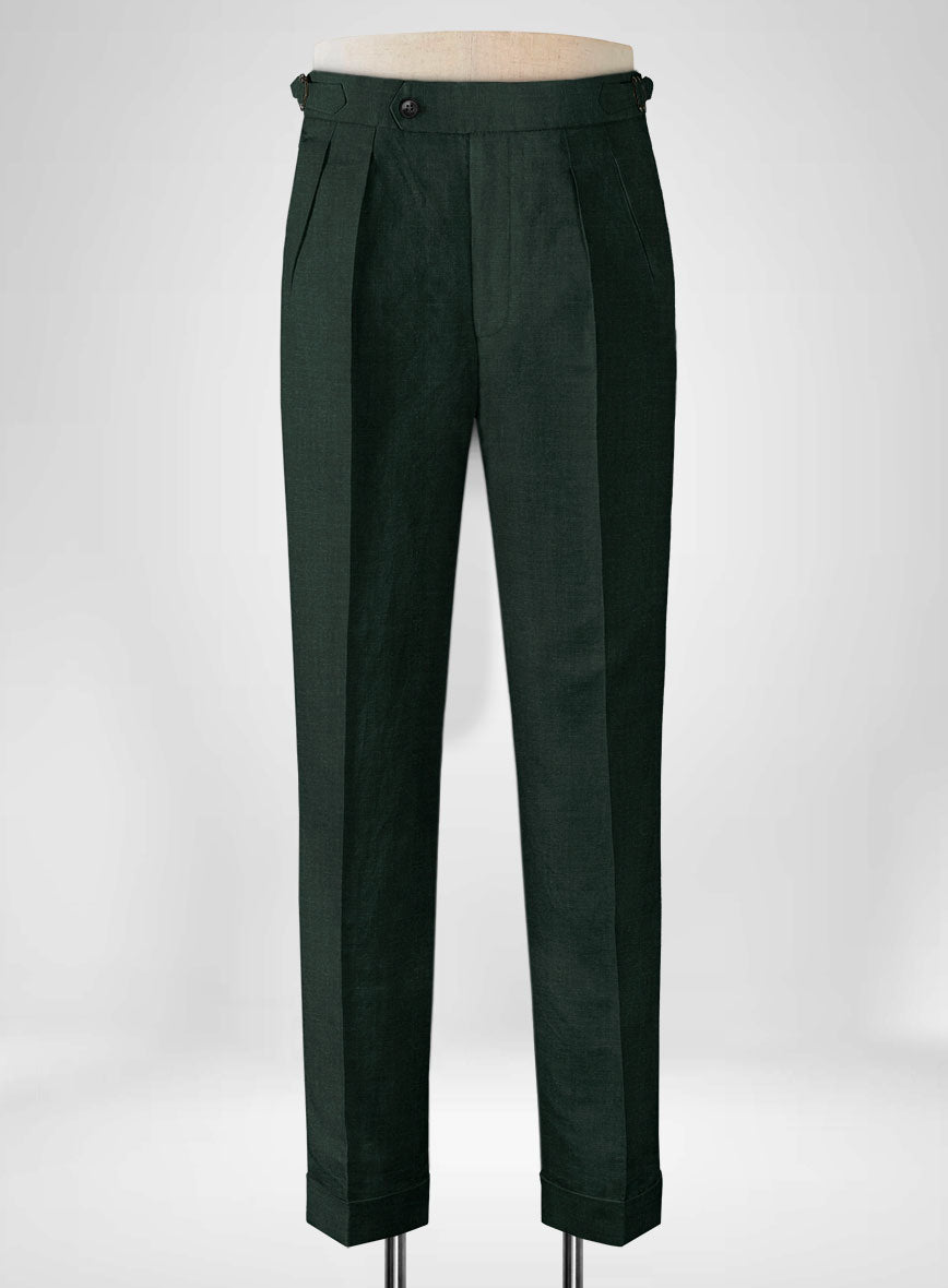 Martini Green Pure Linen Highland Trousers - StudioSuits