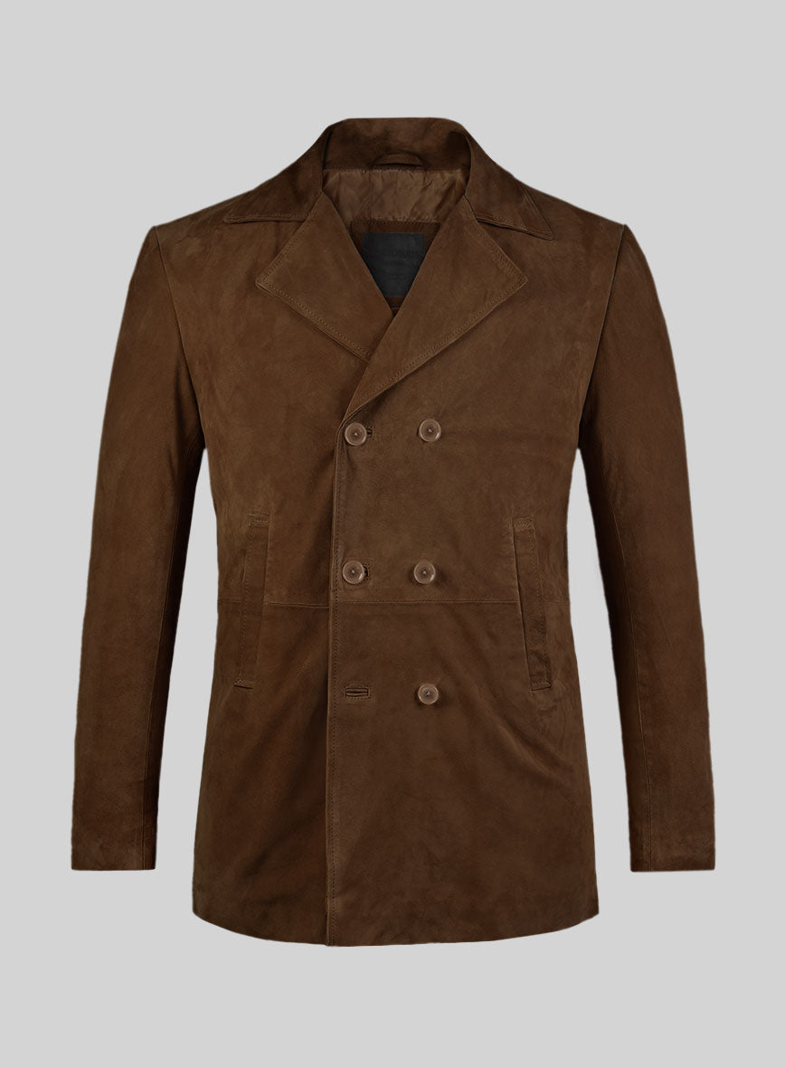 Mid Brown Suede Leather Pea Coat - StudioSuits