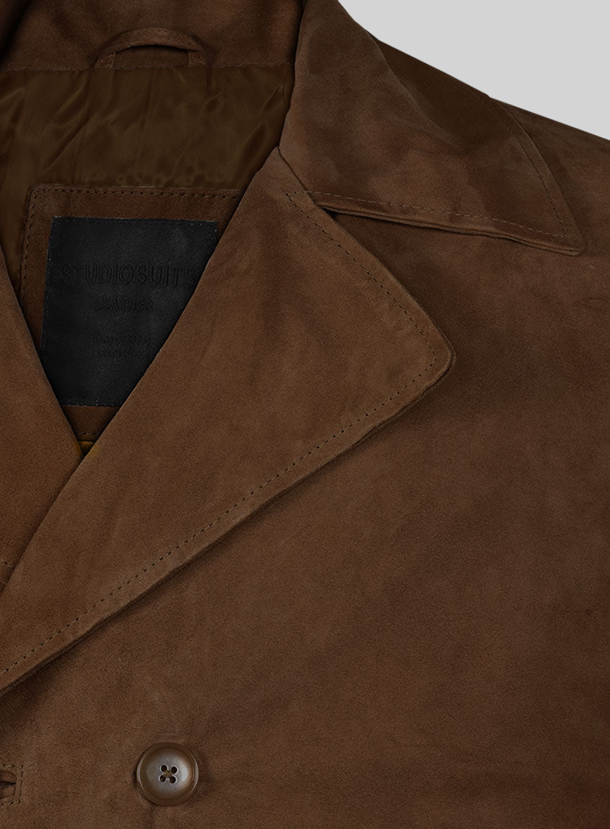 Mid Brown Suede Leather Pea Coat - StudioSuits