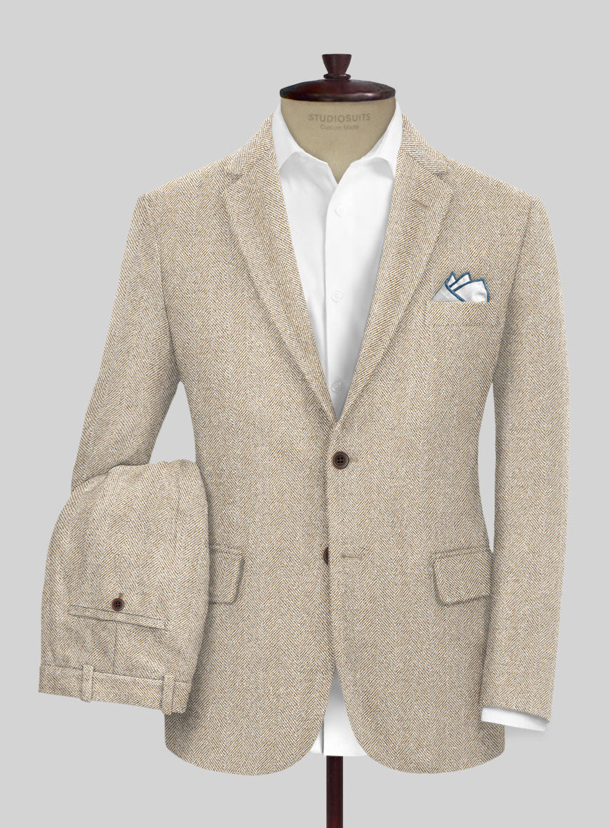 Naples Wide Herringbone Beige Tweed Suit - StudioSuits