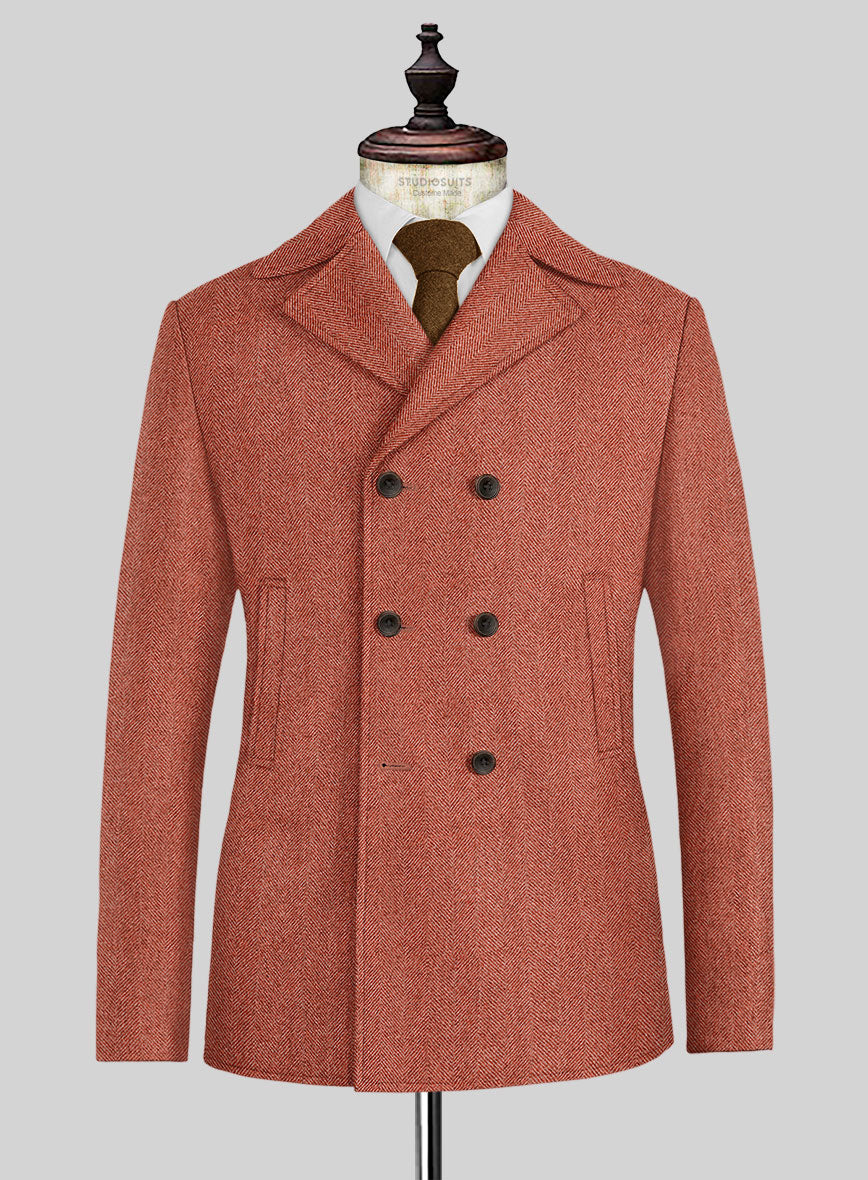 Naples Wide Herringbone Carmine Pink Tweed Pea Coat - StudioSuits