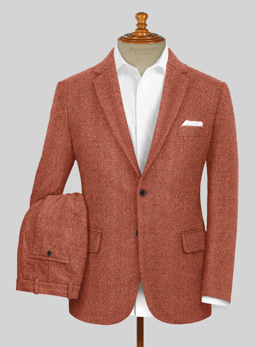 Naples Wide Herringbone Caramine Pink Tweed Suit - StudioSuits