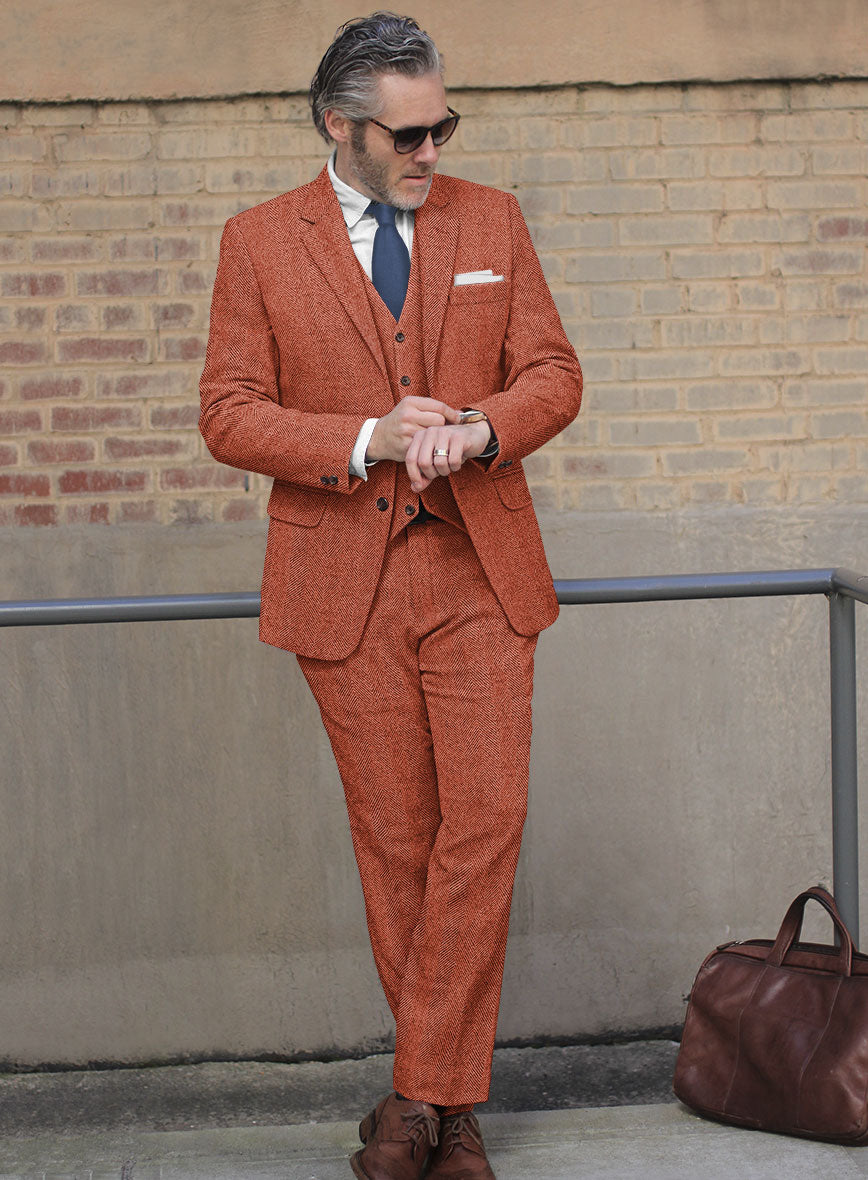 Naples Wide Herringbone Caramine Pink Tweed Suit - StudioSuits