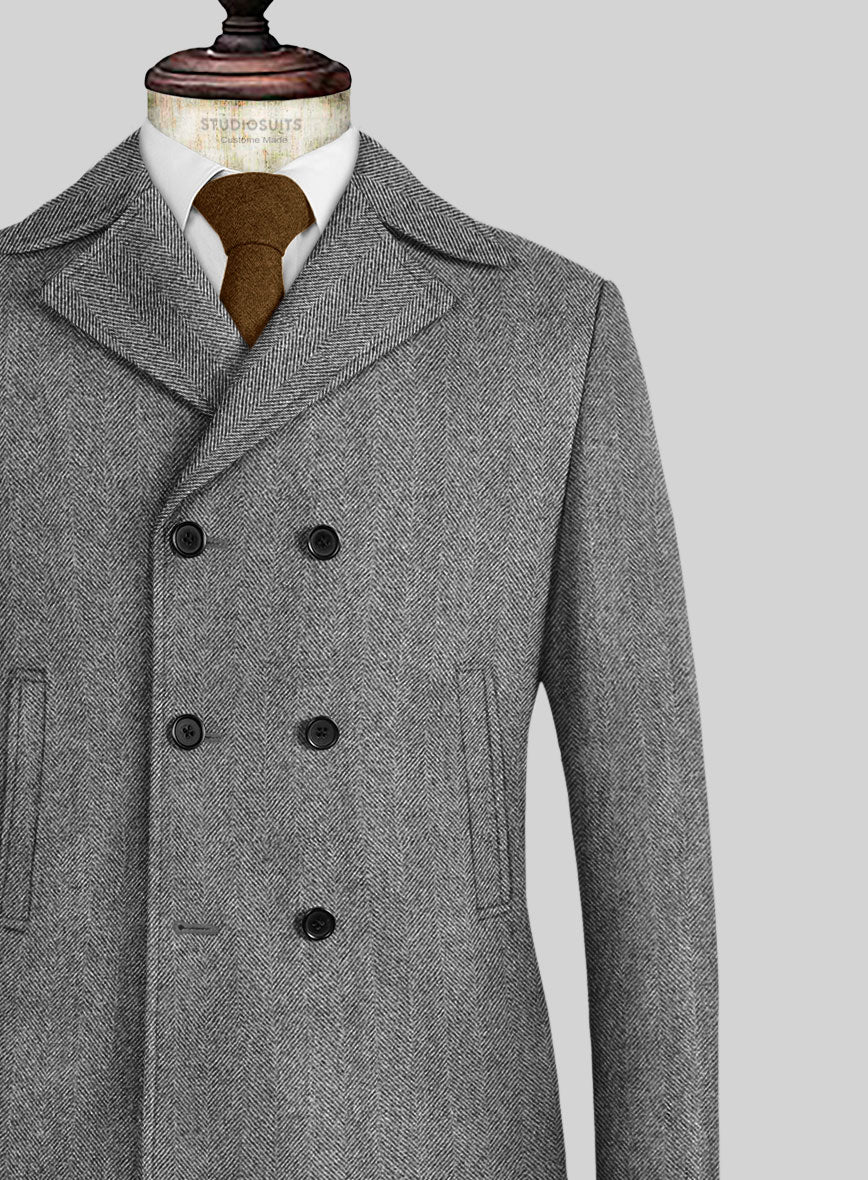 Naples Wide Herringbone Gray Tweed Pea Coat - StudioSuits