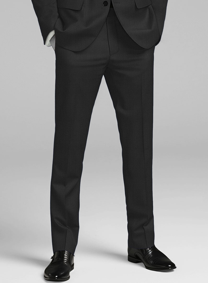 Napolean Imperial Black Herringbone Wool Pants - StudioSuits