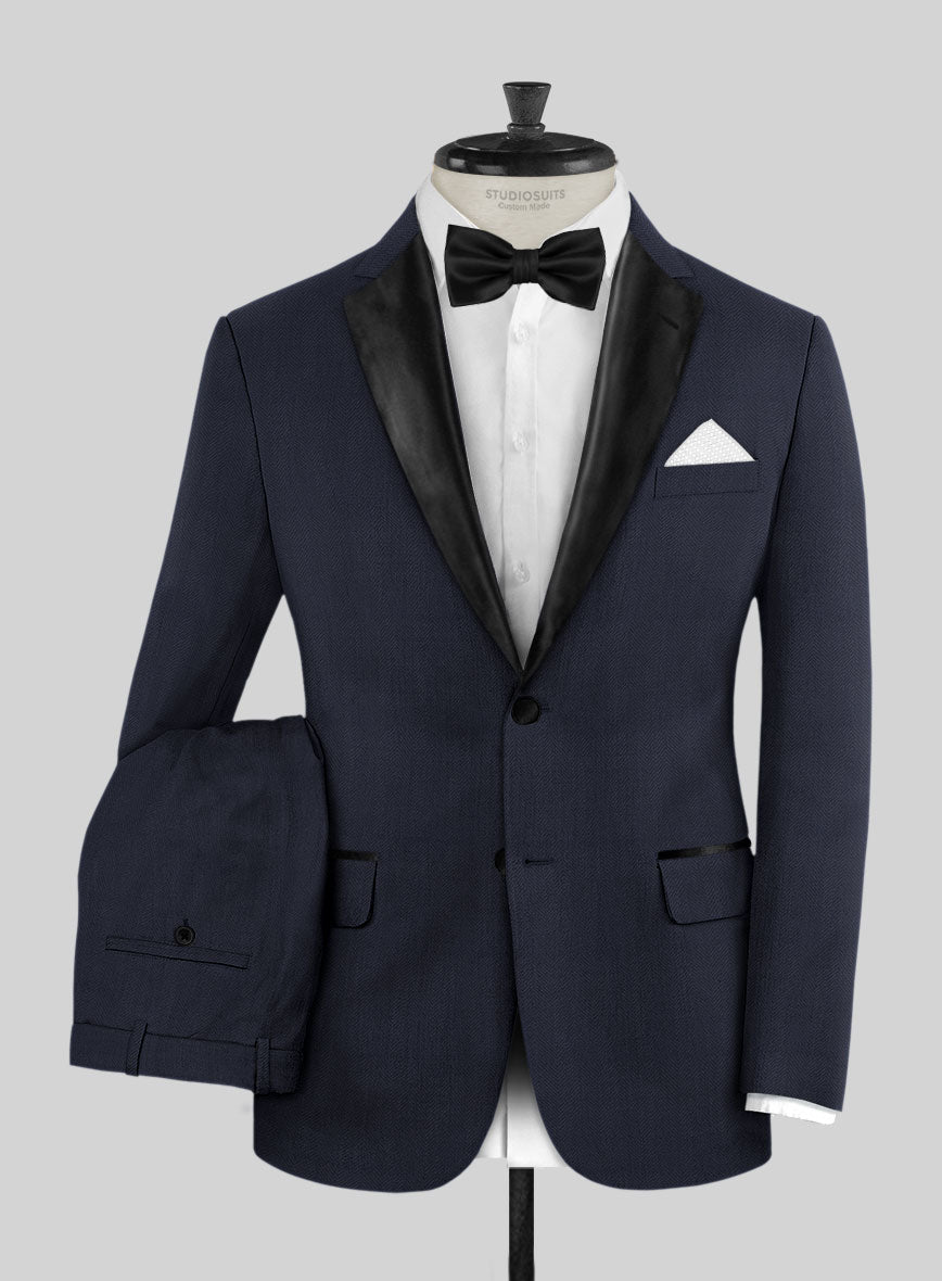 Napolean Imperial Blue Herringbone Wool Tuxedo Suit - StudioSuits