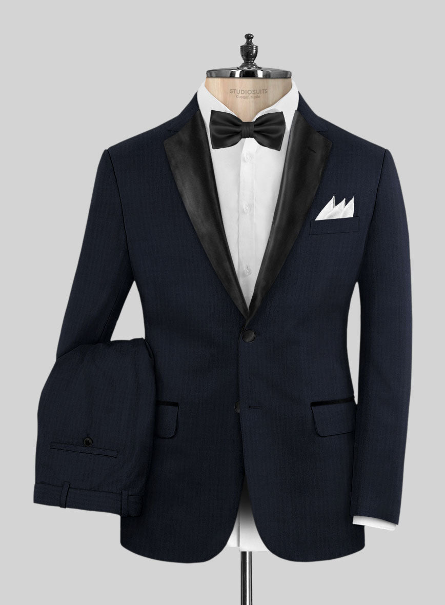 Napolean Navy Herringbone Wool Tuxedo Suit - StudioSuits