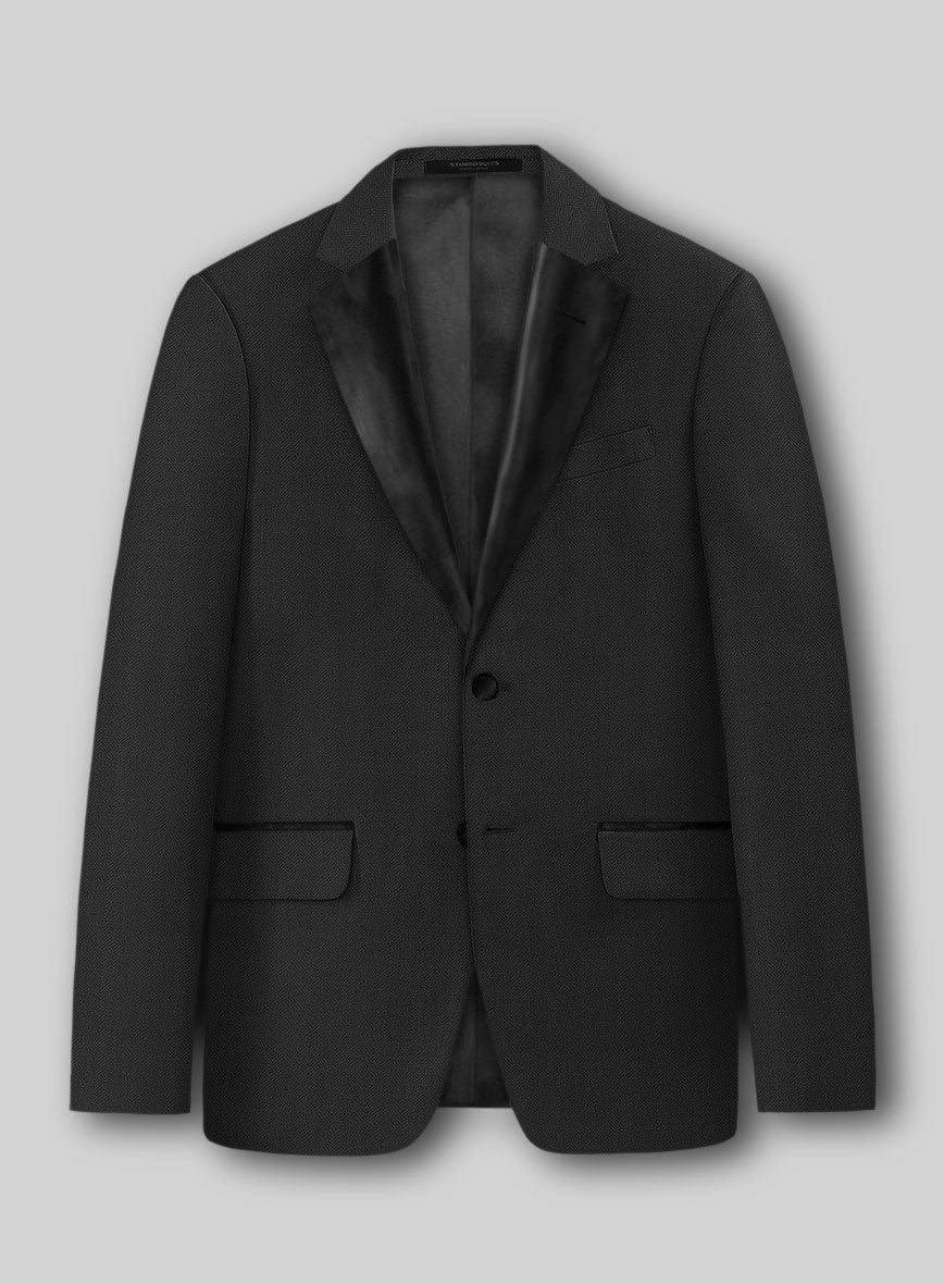 Napolean Imperial Black Herringbone Wool Tuxedo Jacket - StudioSuits