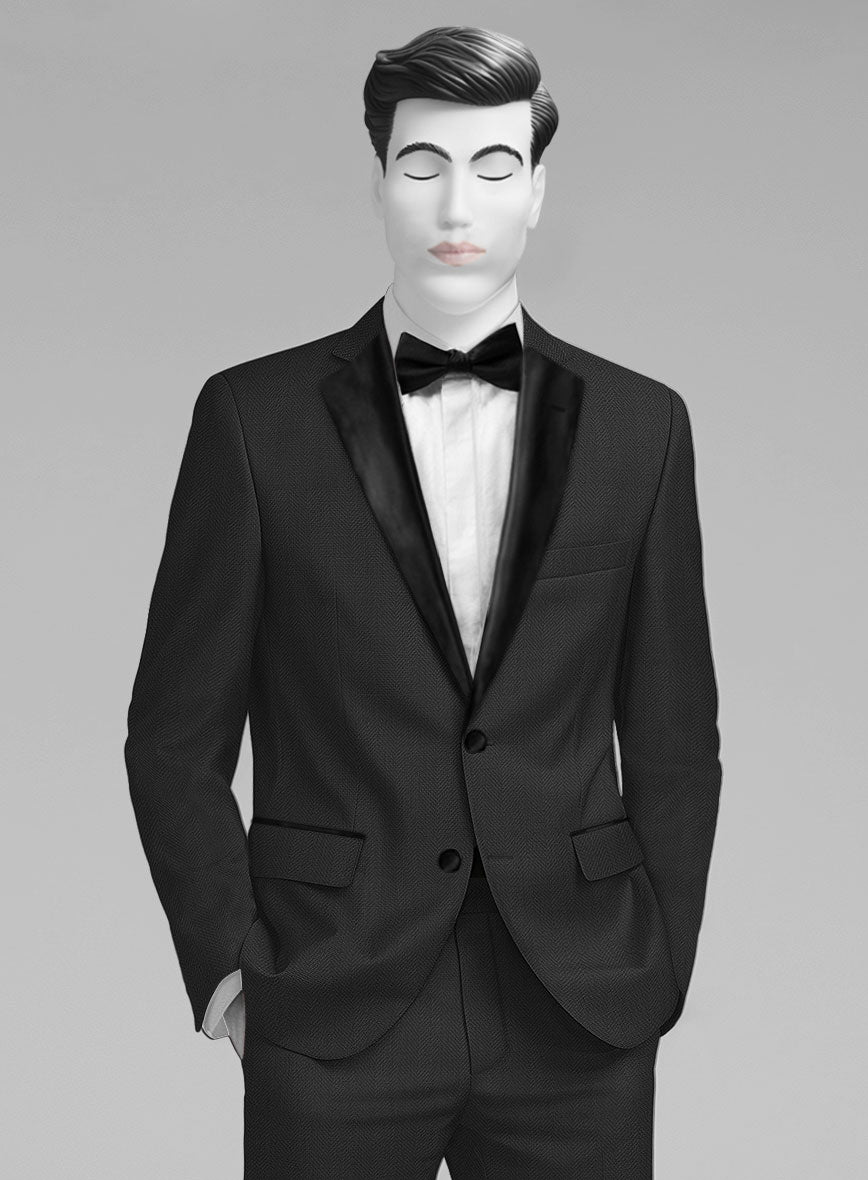 Napolean Imperial Black Herringbone Wool Tuxedo Jacket - StudioSuits