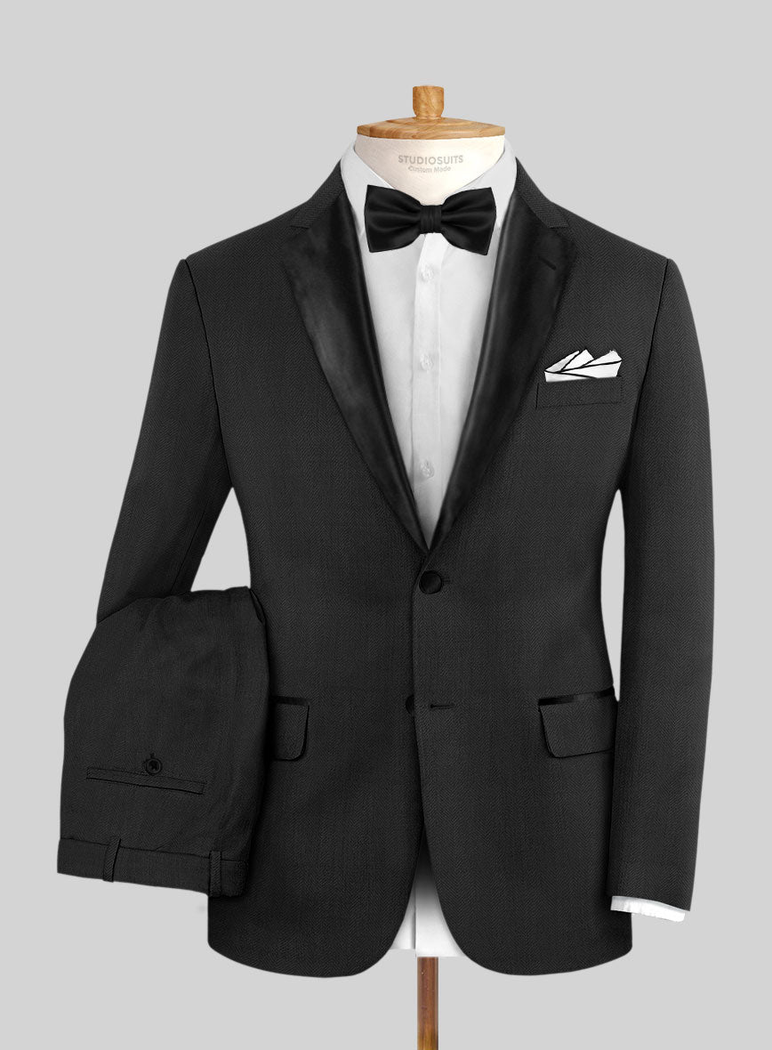 Napolean Imperial Black Herringbone Wool Tuxedo Suit - StudioSuits