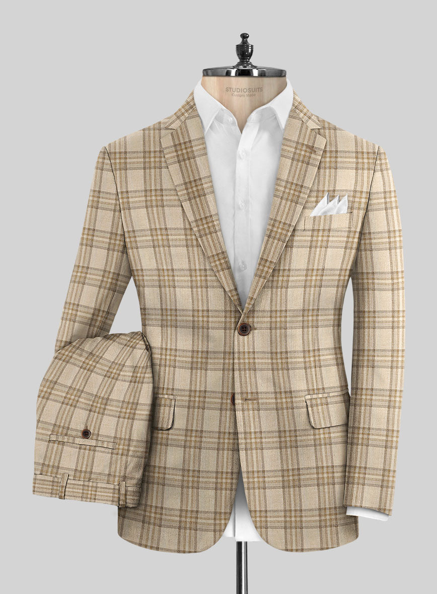 Noble Beige Check Wool Silk Linen Suit - StudioSuits