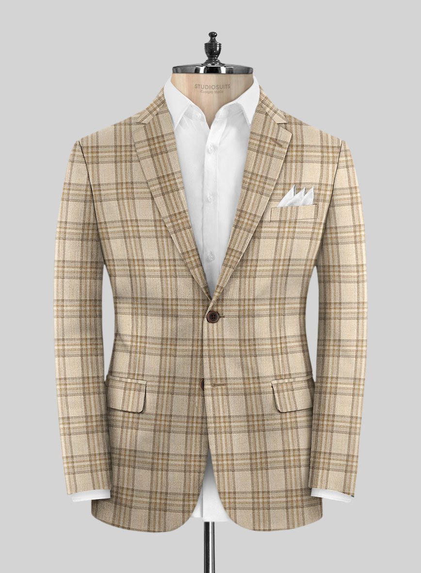 Noble Beige Check Wool Silk Linen Suit - StudioSuits