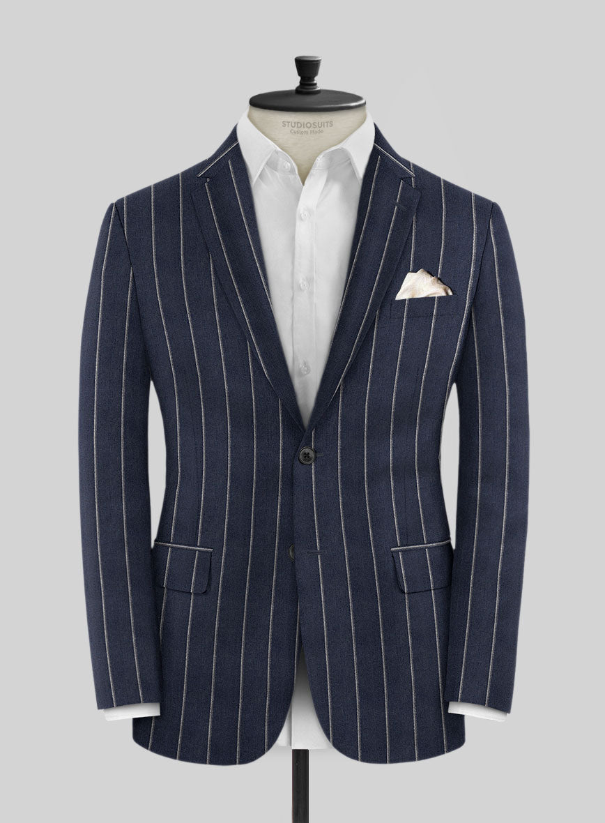 Noble Loredana Blue Stripe Cotton Silk Linen Suit - StudioSuits