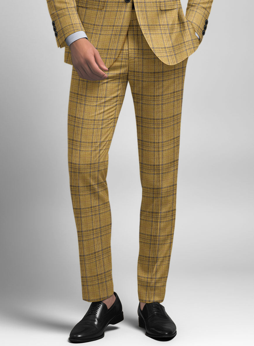 Noble Ochre Check Wool Silk Linen Pants - StudioSuits