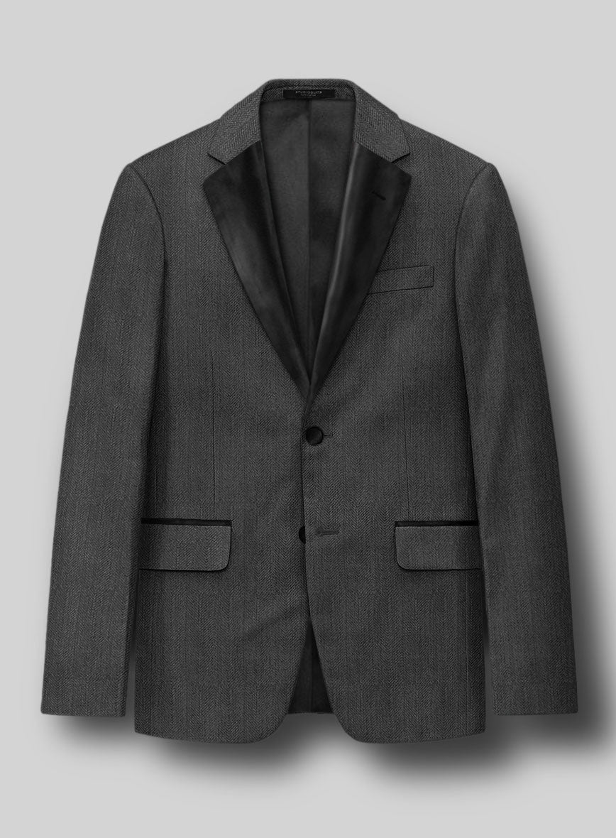 Napolean Imperial Gray Herringbone Wool Tuxedo Jacket - StudioSuits