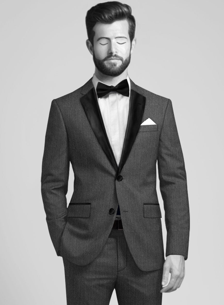 Napolean Imperial Gray Herringbone Wool Tuxedo Jacket - StudioSuits