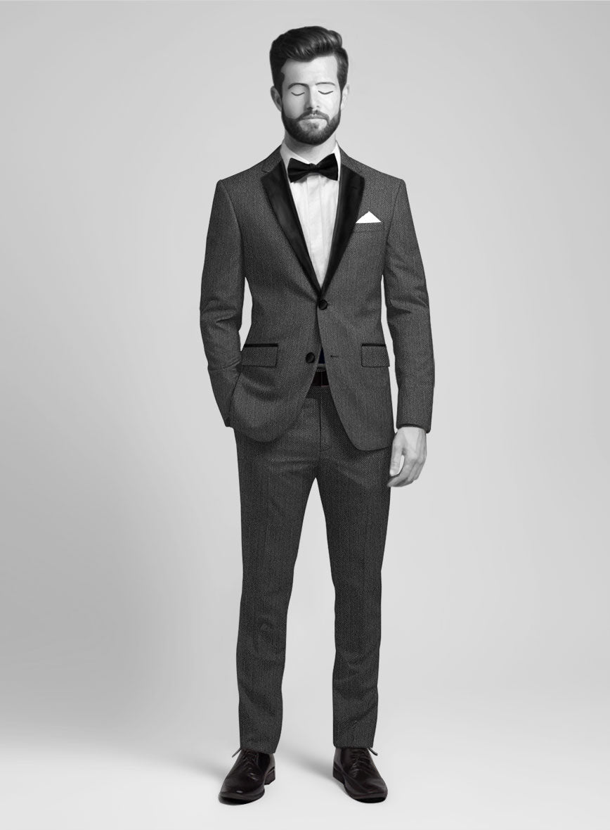 Napolean Imperial Gray Herringbone Wool Tuxedo Suit - StudioSuits