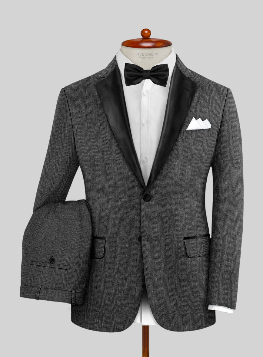 Napolean Imperial Gray Herringbone Wool Tuxedo Suit - StudioSuits